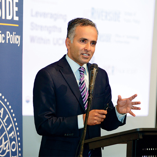 Karthick Ramakrishnan, professor of public policy and political science, gives a lecture at UCR.