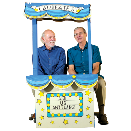 UCR Distinguished Professors, Richard R. Schrock and Barry C. Barish, answer questions at an event on campus.