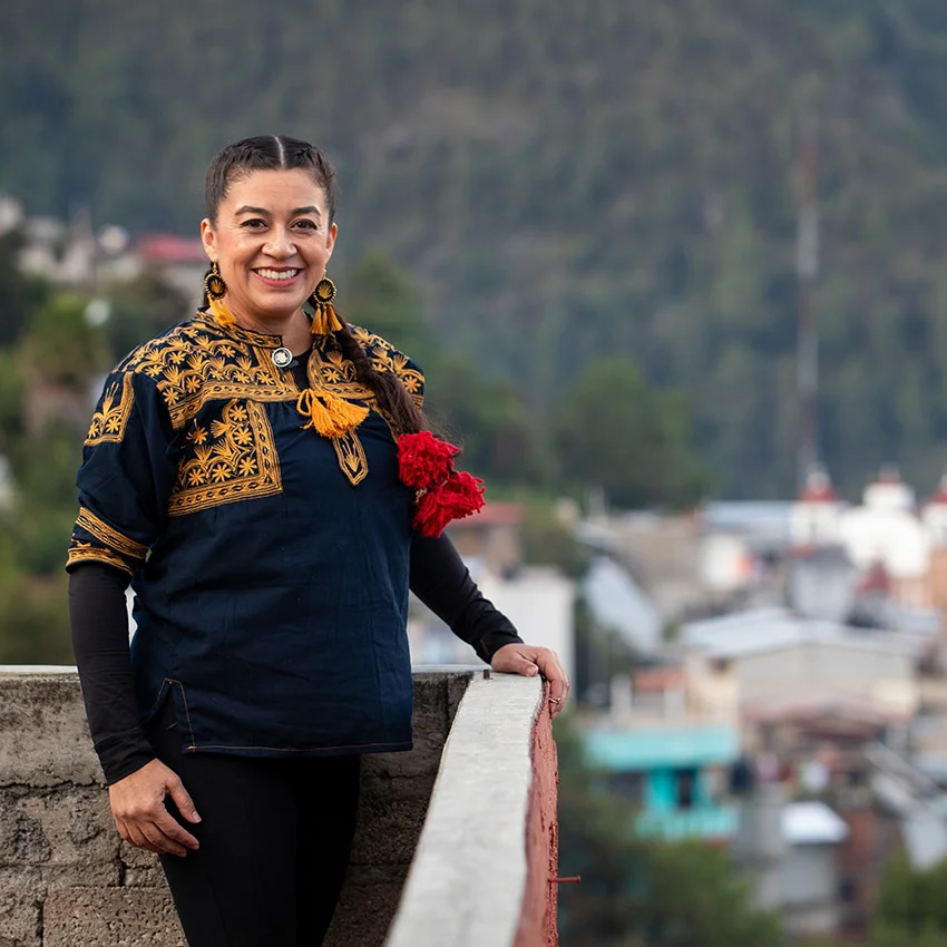 Portrait of Xóchitl C. Chávez, assistant professor with UC Riverside’s Department of Music, in Santa Maria Tlahuitoltepec in Oaxaca, Mexico on Saturday, August 26, 2023. Chávez works closely with the Banda Femenil Regional “Mujeres del Viento Florido,” an entirely female brass band from the Sierra Mixe in Oaxaca to document education processes and migration patterns in music-oriented opportunities outside of Oaxaca for female musicians.