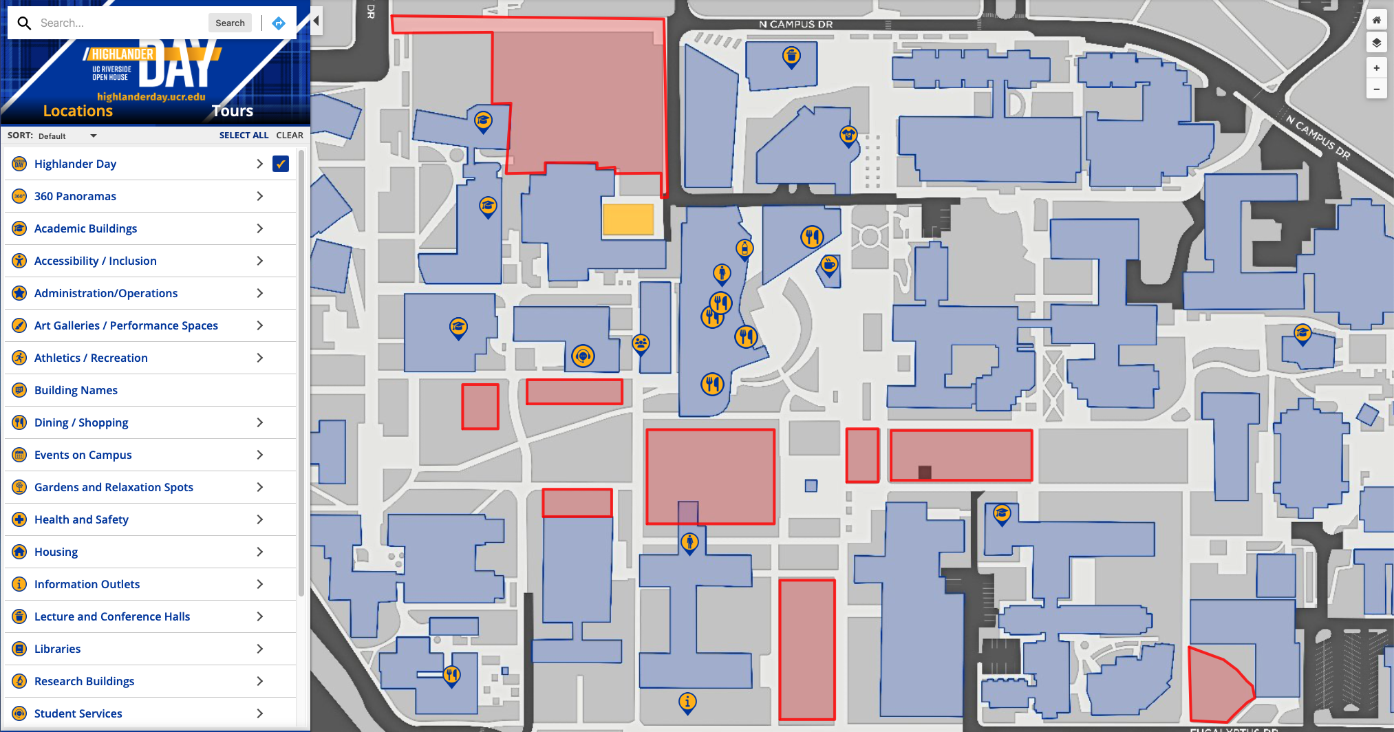 Screenshot of the UC Riverside campus map. The left side has a navigation panel while the right displays various buildings and locations on the UCR Campus.