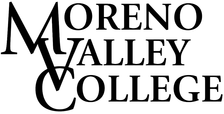 Logotype for Moreno Valley College in black text on a white background. The words MORENO, VALLEY, and COLLEGE are stacked vertically, with the initial letters M, V, and C enlarged and stylized to overlap on the left side.