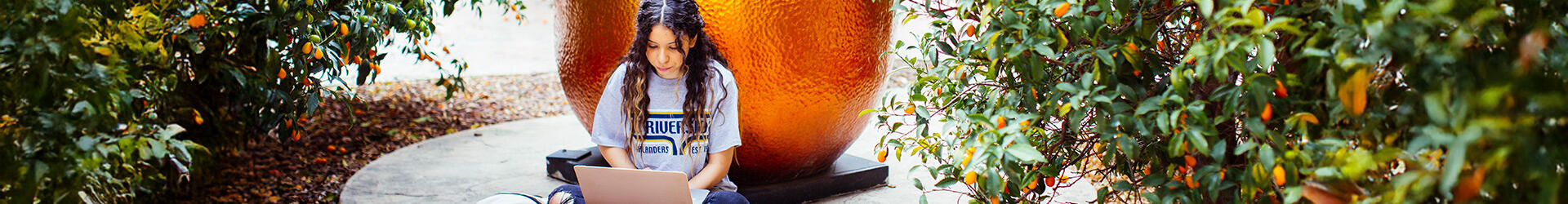Student on their laptop in front of the citrus statue