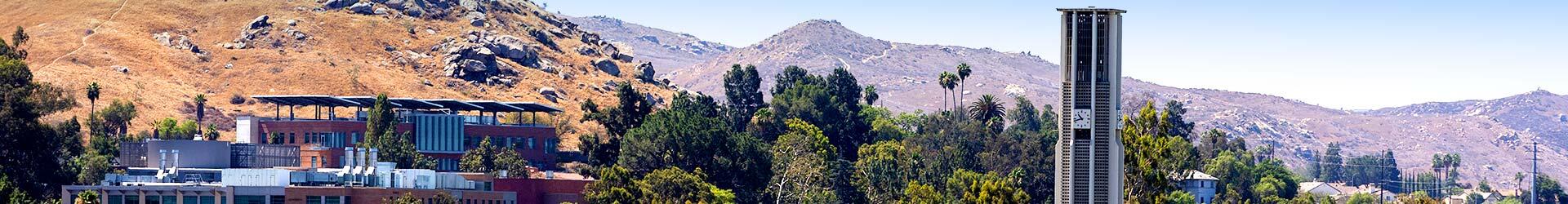 Wide shot of the UCR campus against the Big Springs mountains.